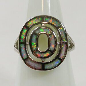 Size 6 Silver Ring White Lab Fire Opal Inlay Oval Double Circle - New Old Stock